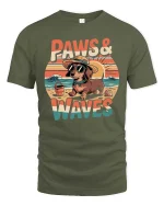 Paws And Waves Dog Beach Graphic T-Shirt Cute Summer Tee - military green t-shirt on white background