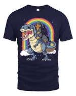 Dachshund Riding Dinosaur Rainbow Graphic T-Shirt Funny Tee - navy t-shirt on white background