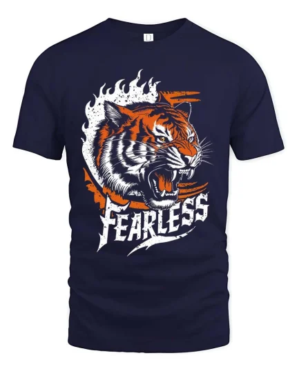 Fearless Tiger Graphic T-Shirt Bold Wild Animal Power Tee - navy t-shirt on white background