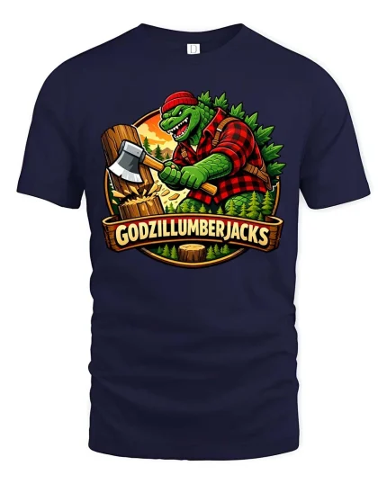 Godzillumberjack Graphic T-Shirt Funny Lumberjack Monster - navy t-shirt on white background
