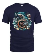Pirate Shark Compass Graphic T-Shirt Ocean Skull Adventure - navy t-shirt on white background