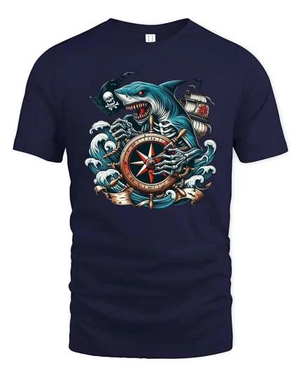 Pirate Shark Compass Graphic T-Shirt Ocean Skull Adventure - navy t-shirt on white background
