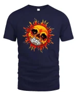 Flaming Skull Sun Graphic T-Shirt Dark Gothic Fire Art Tee - navy t-shirt on white background