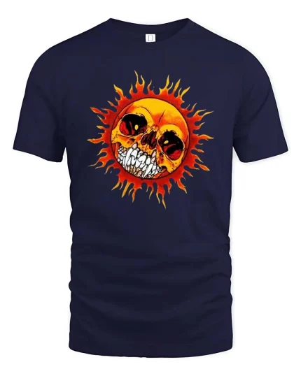 Flaming Skull Sun Graphic T-Shirt Dark Gothic Fire Art Tee - navy t-shirt on white background