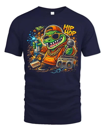 Hip Hop Crocodile Graphic T-Shirt Funny Rap Streetwear Tee - navy t-shirt on white background