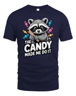 The Candy Made Me Do It Raccoon Funny Graphic T-Shirt - navy t-shirt on white background