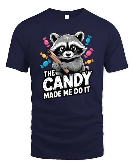 The Candy Made Me Do It Raccoon Funny Graphic T-Shirt - navy t-shirt on white background