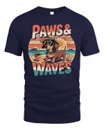 Paws And Waves Dog Beach Graphic T-Shirt Cute Summer Tee - navy t-shirt on white background