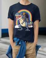Dachshund Riding Dinosaur Rainbow Graphic T-Shirt Funny Tee - model wearing navy tee with hands in pockets