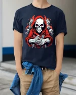 Grim Reaper Skull Graphic T-Shirt Dark Gothic Horror Tee - model wearing navy tee with hands in pockets