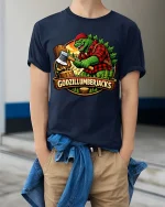 Godzillumberjack Graphic T-Shirt Funny Lumberjack Monster - model wearing navy tee with hands in pockets