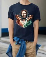 Jesus Faith Graphic T-Shirt Spiritual Christian Art Worship - model wearing navy tee with hands in pockets