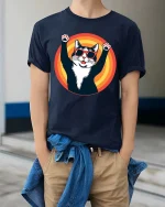 Cool Cat Sunglasses Graphic T-Shirt Retro Funny Pet Tee - model wearing navy tee with hands in pockets