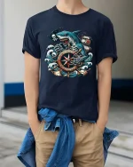 Pirate Shark Compass Graphic T-Shirt Ocean Skull Adventure - model wearing navy tee with hands in pockets