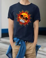 Flaming Skull Sun Graphic T-Shirt Dark Gothic Fire Art Tee - model wearing navy tee with hands in pockets
