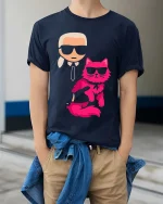 Cool Cat Sunglasses Graphic T-Shirt Funny Fashion Pet Tee - model wearing navy tee with hands in pockets