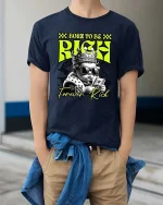 Born To Be Rich Baby Graphic T-Shirt Funny Money Street Tee - model wearing navy tee with hands in pockets