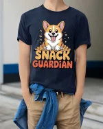 Snack Guardian Corgi Graphic T-Shirt Funny Dog Lover Tee - model wearing navy tee with hands in pockets