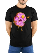 Zombie Donut Graphic T-Shirt Funny Horror Food Creepy Art - model wearing black tee with hands behind back