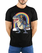 Dachshund Riding Dinosaur Rainbow Graphic T-Shirt Funny Tee - model wearing black tee with hands behind back