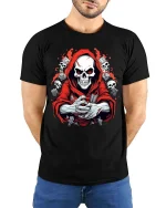 Grim Reaper Skull Graphic T-Shirt Dark Gothic Horror Tee - model wearing black tee with hands behind back