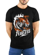 Fearless Tiger Graphic T-Shirt Bold Wild Animal Power Tee - model wearing black tee with hands behind back