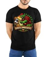 Godzillumberjack Graphic T-Shirt Funny Lumberjack Monster - model wearing black tee with hands behind back