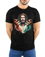 Jesus Faith Graphic T-Shirt Spiritual Christian Art Worship - model wearing black tee with hands behind back