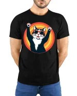 Cool Cat Sunglasses Graphic T-Shirt Retro Funny Pet Tee - model wearing black tee with hands behind back