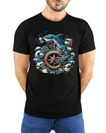 Pirate Shark Compass Graphic T-Shirt Ocean Skull Adventure - model wearing black tee with hands behind back