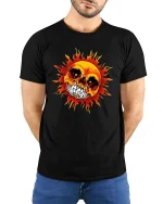 Flaming Skull Sun Graphic T-Shirt Dark Gothic Fire Art Tee - model wearing black tee with hands behind back
