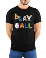 Play Ball Baseball Graphic T-Shirt Funny Sports Fan Tee - model wearing black tee with hands behind back