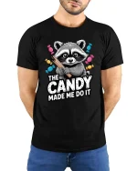 The Candy Made Me Do It Raccoon Funny Graphic T-Shirt - model wearing black tee with hands behind back