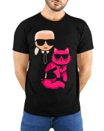 Cool Cat Sunglasses Graphic T-Shirt Funny Fashion Pet Tee - model wearing black tee with hands behind back