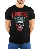 Hardcore Skull Crown Graphic T-Shirt Dark Gothic Style Tee - model wearing black tee with hands behind back