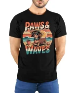 Paws And Waves Dog Beach Graphic T-Shirt Cute Summer Tee - model wearing black tee with hands behind back