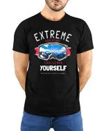 Extreme Adventure Graphic T-Shirt Challenge Yourself Tee - model wearing black tee with hands behind back