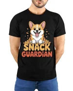 Snack Guardian Corgi Graphic T-Shirt Funny Dog Lover Tee - model wearing black tee with hands behind back