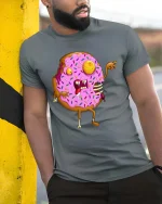 Zombie Donut Graphic T-Shirt Funny Horror Food Creepy Art - model wearing grey tee, leaning on column