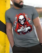Grim Reaper Skull Graphic T-Shirt Dark Gothic Horror Tee - model wearing grey tee, leaning on column