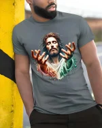 Jesus Faith Graphic T-Shirt Spiritual Christian Art Worship - model wearing grey tee, leaning on column