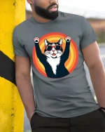 Cool Cat Sunglasses Graphic T-Shirt Retro Funny Pet Tee - model wearing grey tee, leaning on column