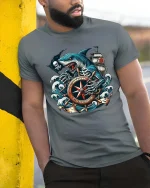 Pirate Shark Compass Graphic T-Shirt Ocean Skull Adventure - model wearing grey tee, leaning on column