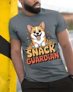 Snack Guardian Corgi Graphic T-Shirt Funny Dog Lover Tee - model wearing grey tee, leaning on column