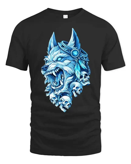 Wolf Skull T-Shirt Viking Mythology Dark Graphic Tee - black t-shirt on white background