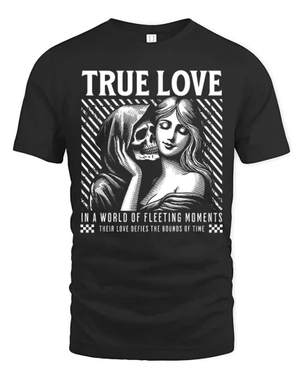 True Love Skull Couple T-Shirt Gothic Romantic Graphic - black t-shirt on white background