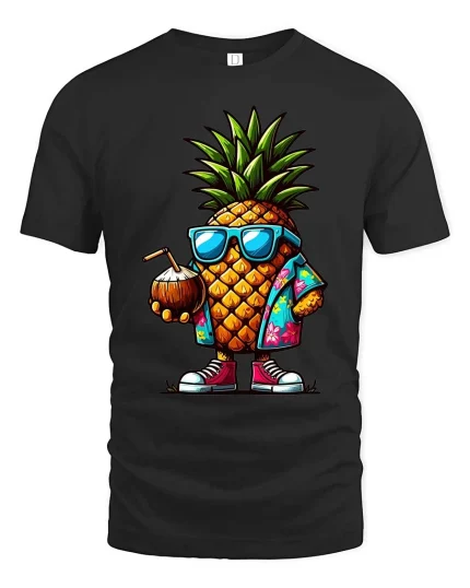 Cool Pineapple T-Shirt Tropical Summer Graphic Tee Fun - black t-shirt on white background