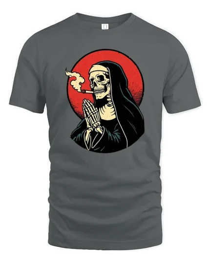 Smoking Grim Reaper T-Shirt Dark Gothic Skull Graphic - gray t-shirt on white background