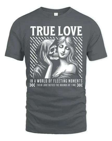 True Love Skull Couple T-Shirt Gothic Romantic Graphic - gray t-shirt on white background