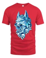Wolf Skull T-Shirt Viking Mythology Dark Graphic Tee - red t-shirt on white background